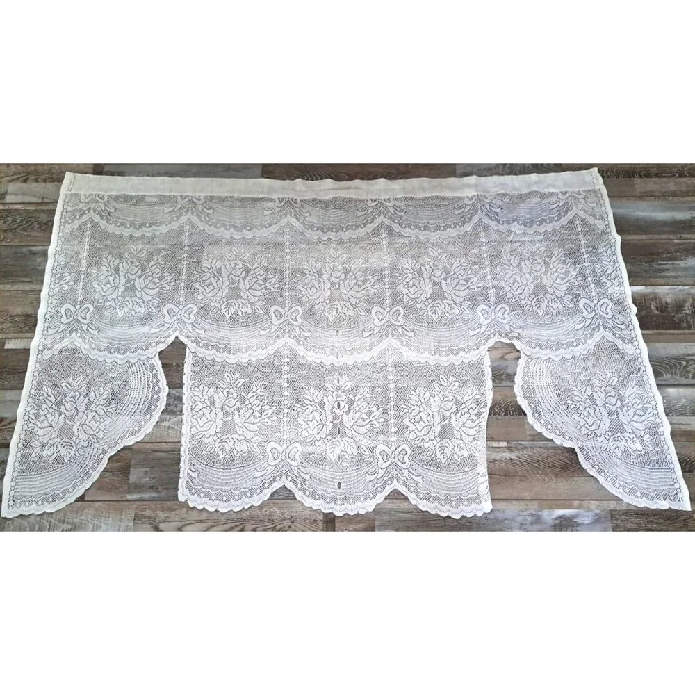 White Lace Swag Curtain Panel Floral Bows Cottage Country Farmhouse 58x35
